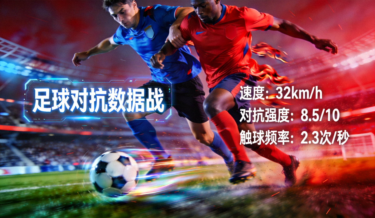 足球比赛中球员高速对抗瞬间特写图，突出硬核数据与比赛激情融合的页面主题